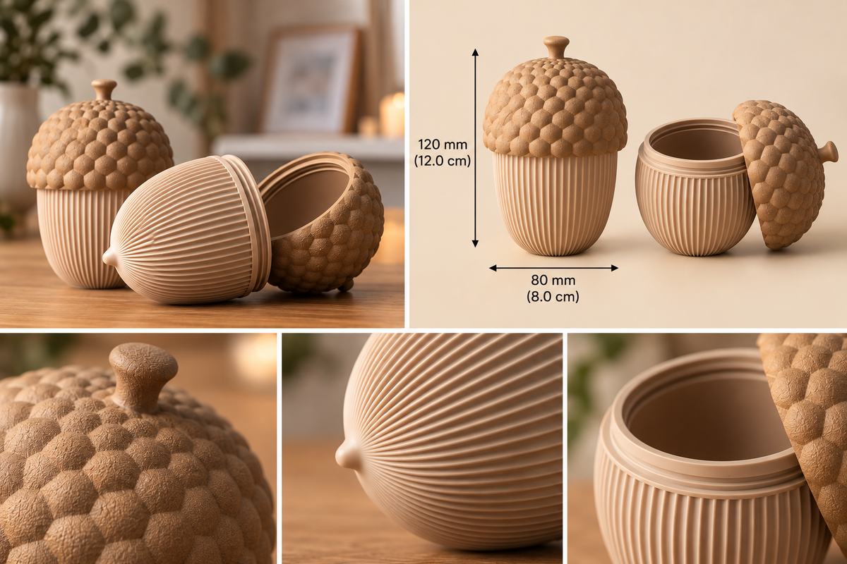 Acorn storage container size guide showing 120 mm high and 80 mm wide