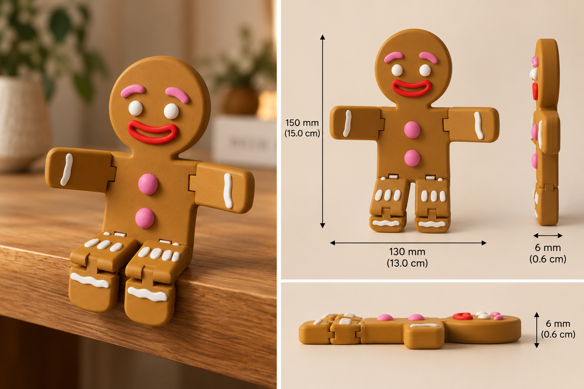 Articulated gingerbread man size guide showing 150 mm high, 130 mm wide and 6 mm deep