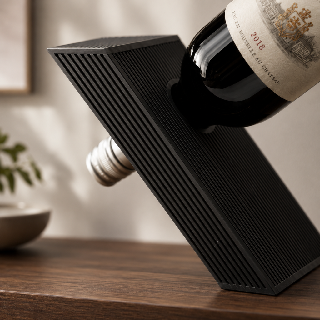 Close-up of Japandi Floating Wine Bottle Holder in black