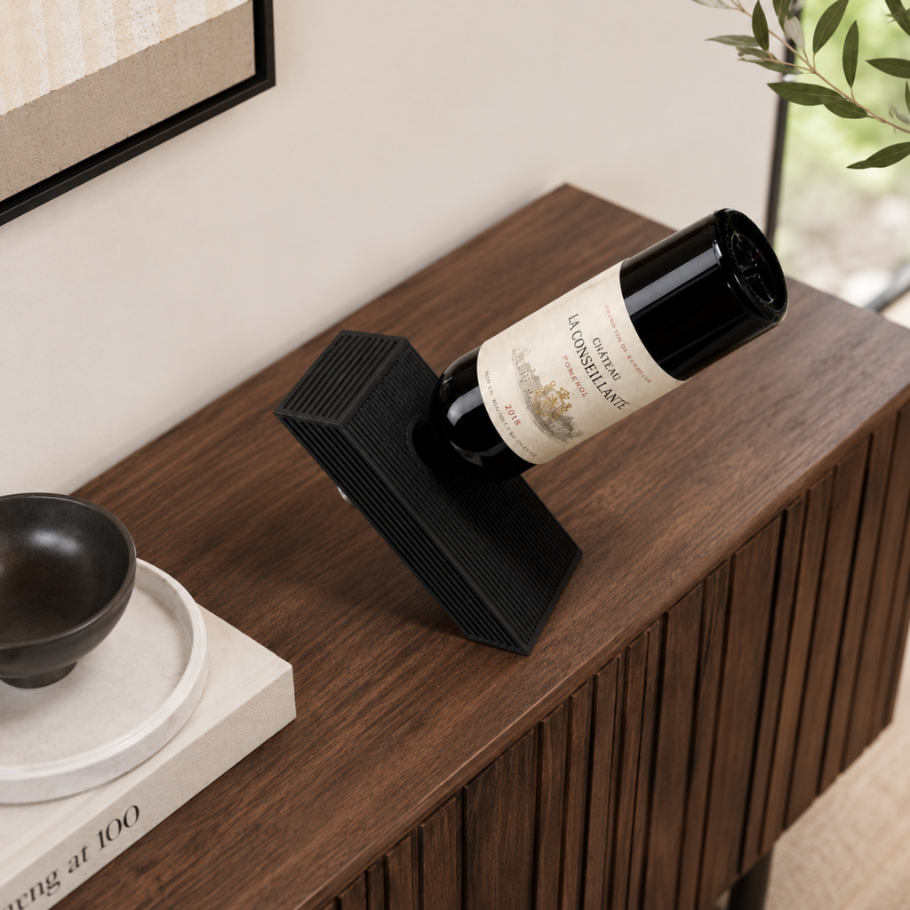 Japandi Floating Wine Bottle Holder styled on sideboard