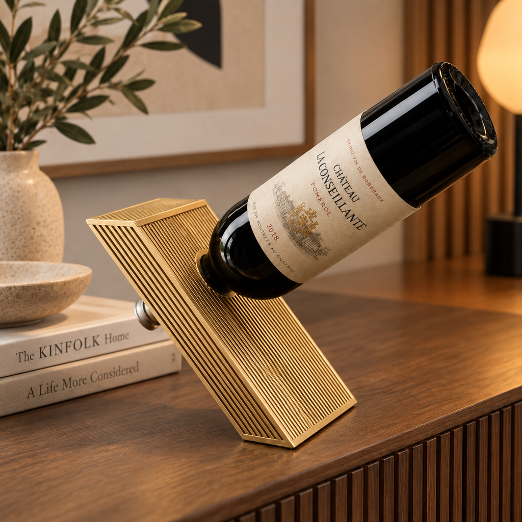 Japandi Floating Wine Bottle Holder in gold