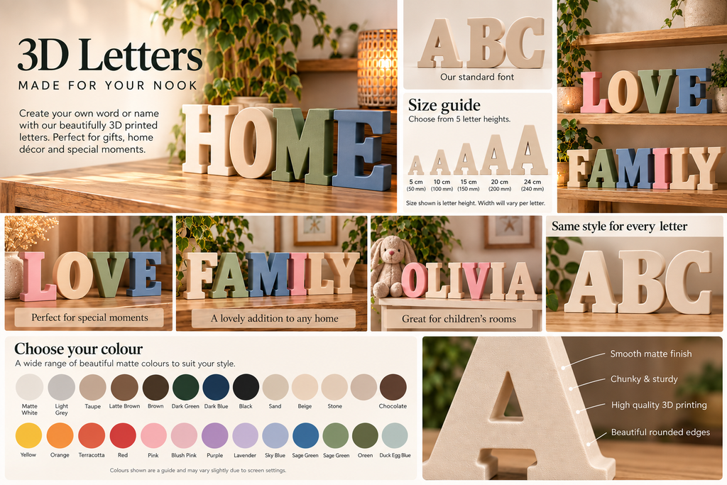Little Nook personalised 3D serif letters lifestyle, size and colour guide