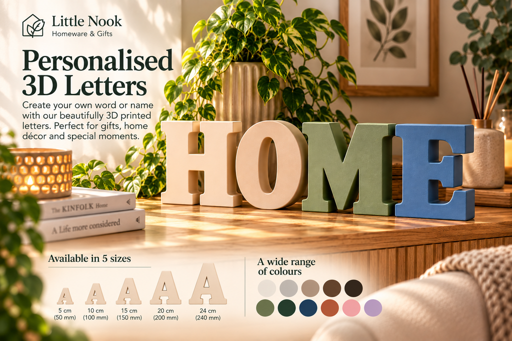 Little Nook personalised 3D letters lifestyle image showing five sizes and colour choices
