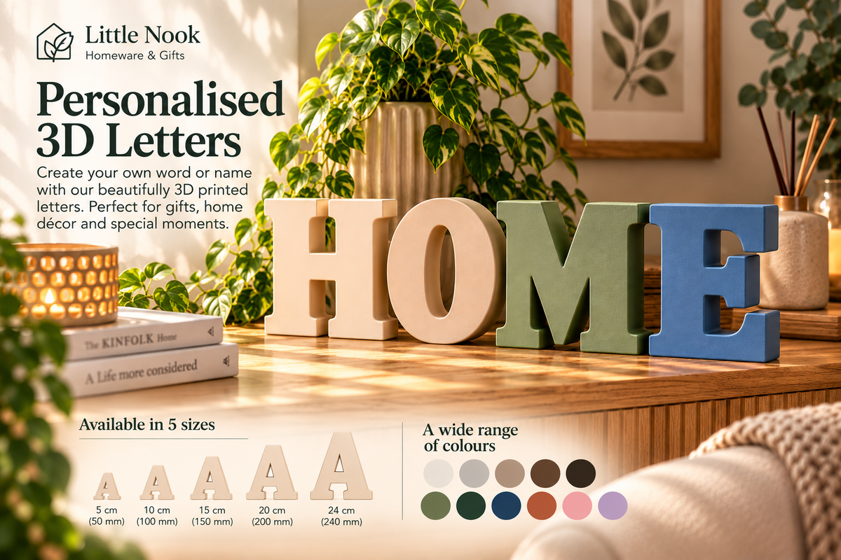 Little Nook personalised 3D letters lifestyle image showing five sizes and colour choices