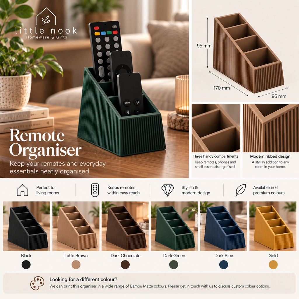 Little Nook Remote Organiser in Black, Latte Brown, Dark Chocolate, Dark Green, Dark Blue and Gold