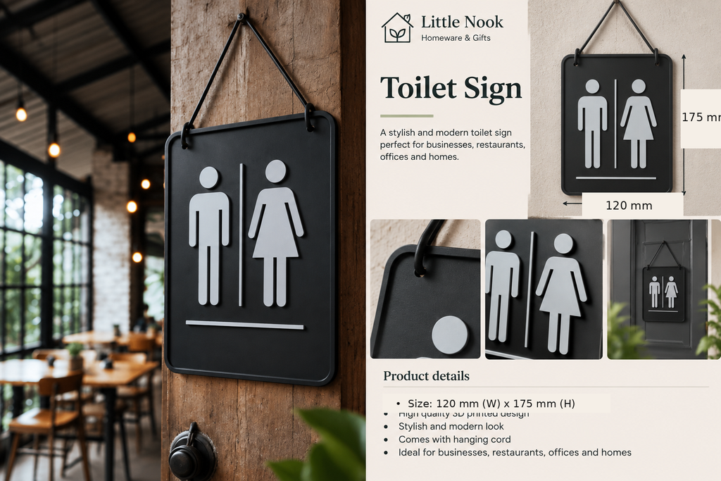 Little Nook 3D printed toilet sign product details and lifestyle images