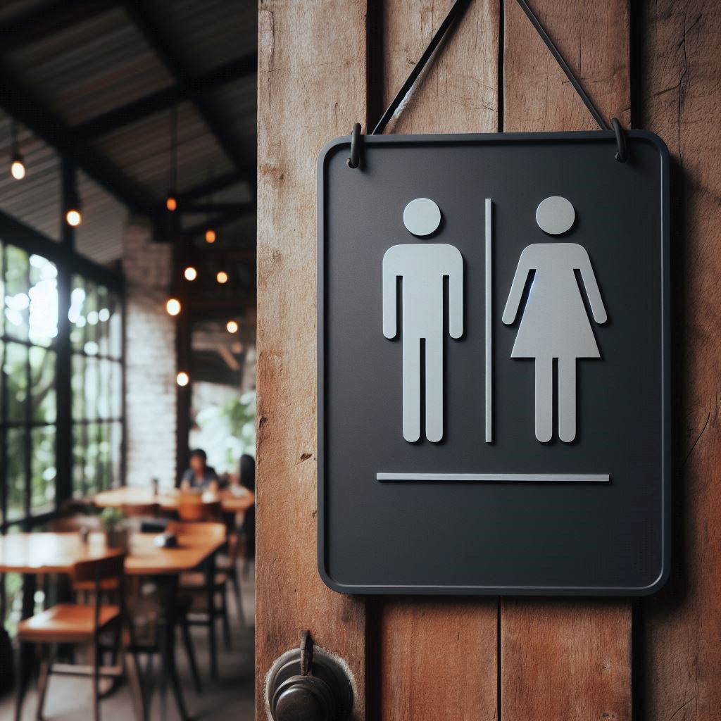 Little Nook black 3D printed toilet sign with raised male and female symbols