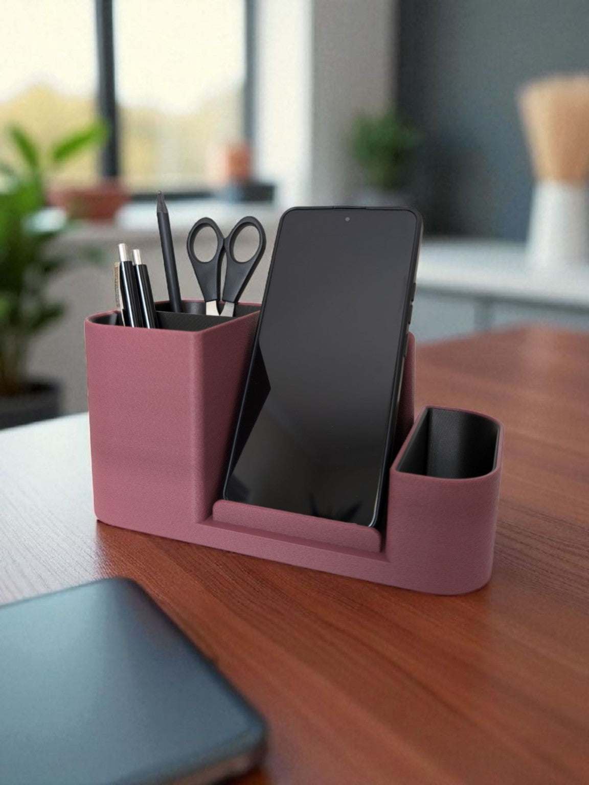 Burgundy Office Desk Organiser holding phone pens and scissors